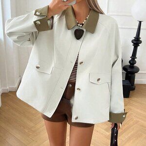 Khaki Women's Contrast Color Button Front Casual Long Sleeve Jacket Coats